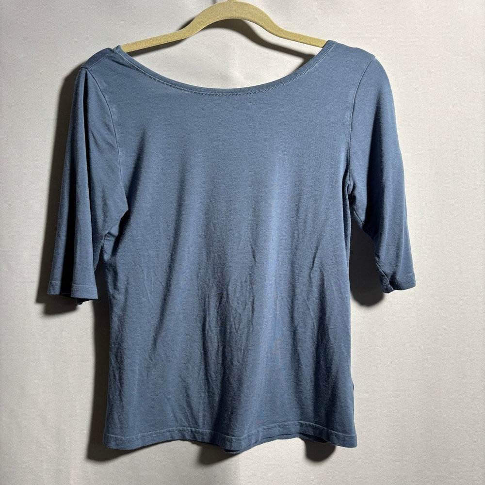 YALA Blue Bamboo Top‎ Scoop Neck 1/2 Sleeve Low Back Womens M SEE Casual Neutral